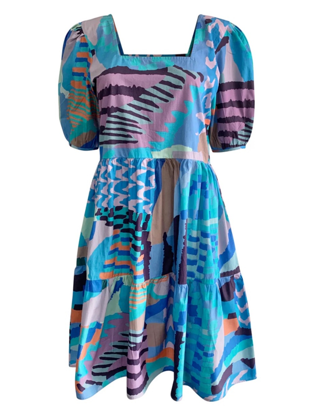Maude Vivante Blue Multicolor Printed Puff Sleeve Aria Midi Dress